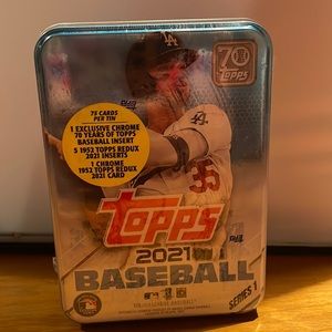 Sealed topps 2021 baseball cards in tin